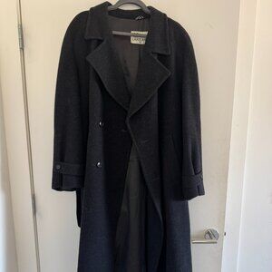 Vintage 80s Lakeland Black Wool Trench Coat Double-Breasted Size 42 Overcoat